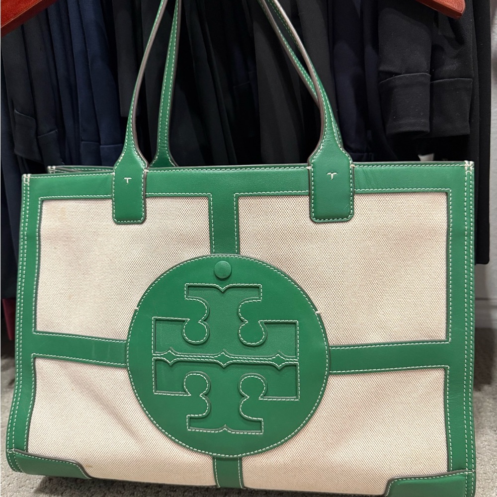 Tory Burch Green Canvas and Leather Tote